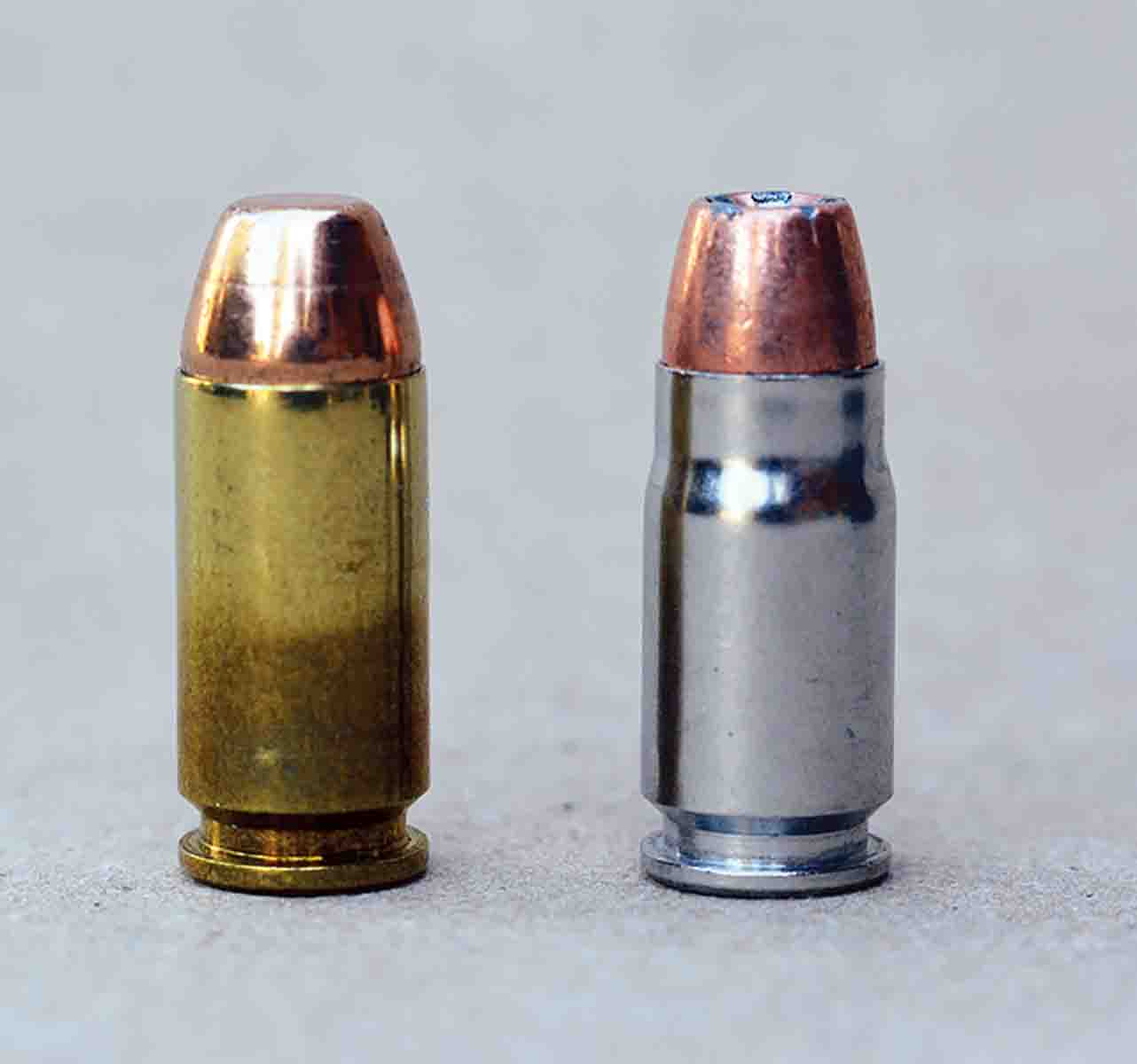 The .40 S&W (left) is the parent case for the .357 Sig (right). However, Sig cases cannot be formed from .40 cases.